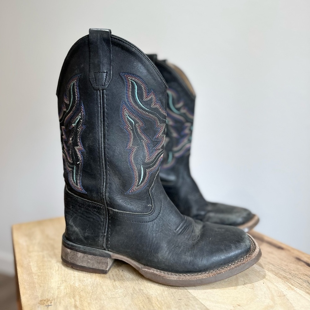 Ariat black leather topstitched square toe cowboy boots kids youth shoes 3